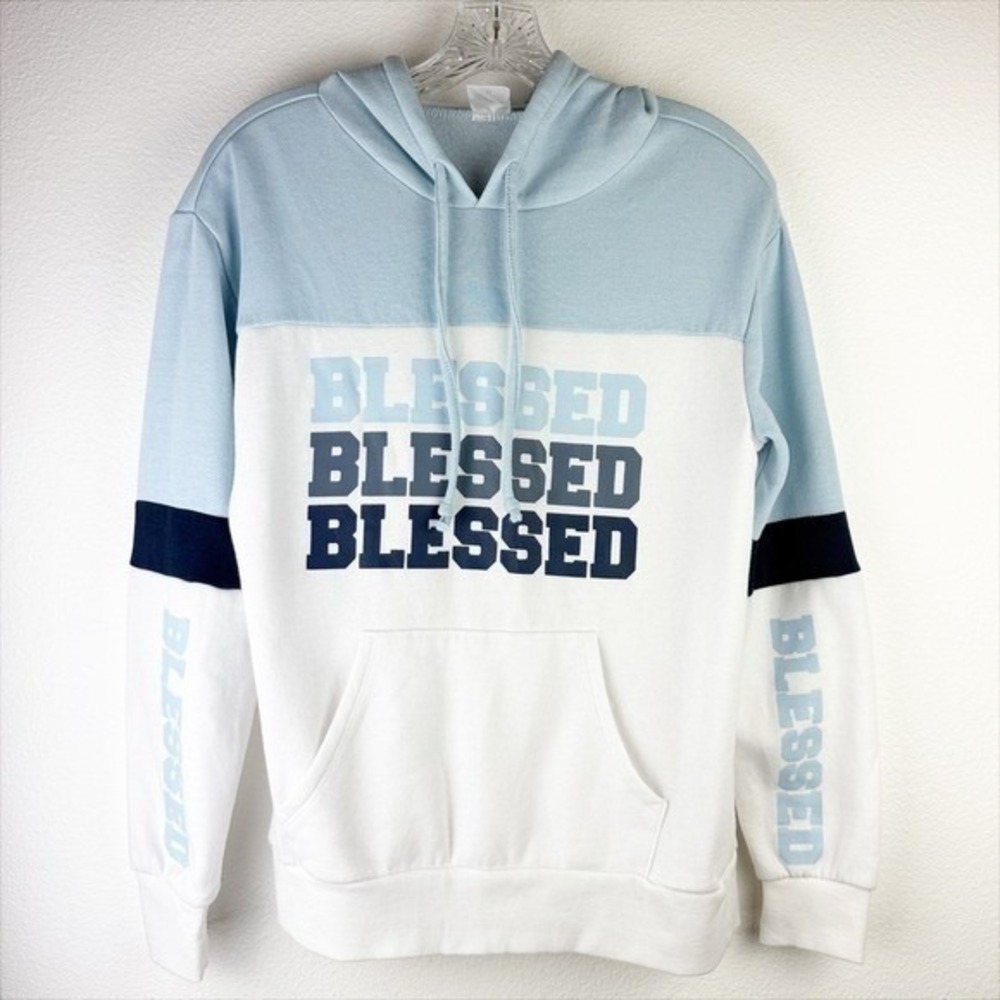 No Boundaries Women Blessed Graphic Colorblock Hoodie White Blue Size M 7-9